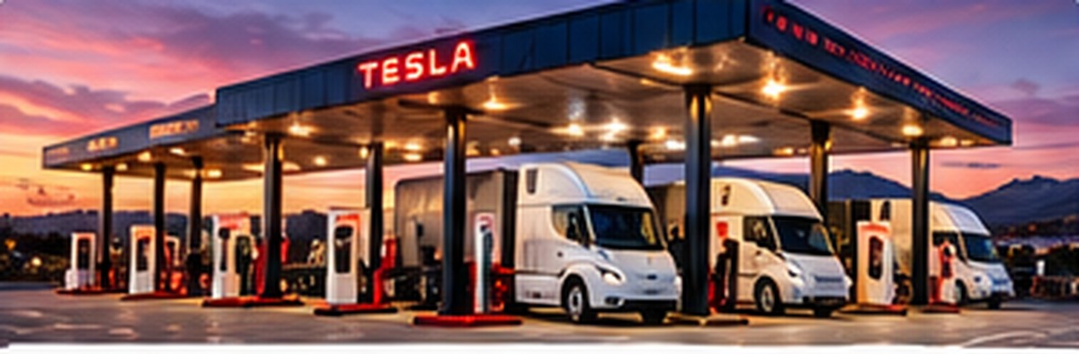 Illustrative Tesla Semi megawatt charging station with multiple electric trucks